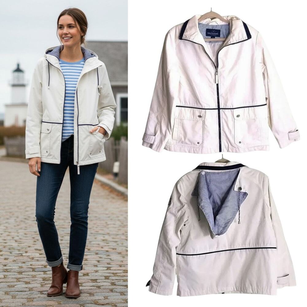Mackintosh Hooded Jacket Women's Sz M White Navy Blue Full Zip Nautical Coastal